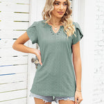 Nadorine Short Sleeve Tops for Women Casual V Neck T-Shirts Petal Sleeve Shirt Eyelet Pleated Loose Blouses (Us Only)