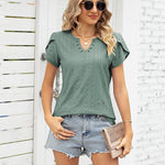 Nadorine Short Sleeve Tops for Women Casual V Neck T-Shirts Petal Sleeve Shirt Eyelet Pleated Loose Blouses (Us Only)