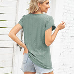 Nadorine Short Sleeve Tops for Women Casual V Neck T-Shirts Petal Sleeve Shirt Eyelet Pleated Loose Blouses (Us Only)