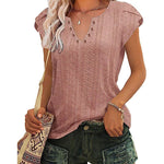 Nadorine Short Sleeve Tops for Women Casual V Neck T-Shirts Petal Sleeve Shirt Eyelet Pleated Loose Blouses (Us Only)