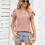 Nadorine Short Sleeve Tops for Women Casual V Neck T-Shirts Petal Sleeve Shirt Eyelet Pleated Loose Blouses (Us Only)
