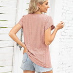 Nadorine Short Sleeve Tops for Women Casual V Neck T-Shirts Petal Sleeve Shirt Eyelet Pleated Loose Blouses (Us Only)