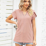 Nadorine Short Sleeve Tops for Women Casual V Neck T-Shirts Petal Sleeve Shirt Eyelet Pleated Loose Blouses (Us Only)