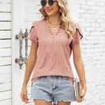Nadorine Short Sleeve Tops for Women Casual V Neck T-Shirts Petal Sleeve Shirt Eyelet Pleated Loose Blouses (Us Only)