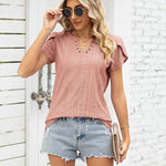 Nadorine Short Sleeve Tops for Women Casual V Neck T-Shirts Petal Sleeve Shirt Eyelet Pleated Loose Blouses (Us Only)