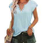 Nadorine Short Sleeve Tops for Women Casual V Neck T-Shirts Petal Sleeve Shirt Eyelet Pleated Loose Blouses (Us Only)
