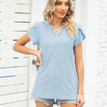 Nadorine Short Sleeve Tops for Women Casual V Neck T-Shirts Petal Sleeve Shirt Eyelet Pleated Loose Blouses (Us Only)