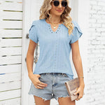 Nadorine Short Sleeve Tops for Women Casual V Neck T-Shirts Petal Sleeve Shirt Eyelet Pleated Loose Blouses (Us Only)