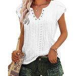 Nadorine Short Sleeve Tops for Women Casual V Neck T-Shirts Petal Sleeve Shirt Eyelet Pleated Loose Blouses (Us Only)