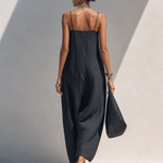 Greta | Maxi black dress with gathered neckline and thin straps
