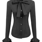Women Bow Tie Neck Blouses Ruffle Long Sleeve Shirts Button-Down Office Work Casual Tops XS-3XL - Nadorine (Us Only)