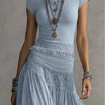 BLUE LACE-PANELED TOP AND PLEATED MAXI SKIRT SET