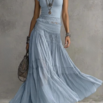 BLUE LACE-PANELED TOP AND PLEATED MAXI SKIRT SET
