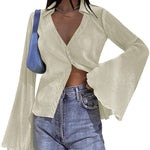 Women's Deep V Neck Shirt Button Front Blouse Bell Long Sleeve Tops - Nadorine (Us Only)