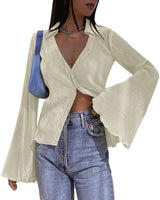 Women's Deep V Neck Shirt Button Front Blouse Bell Long Sleeve Tops - Nadorine (Us Only)