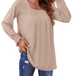 Nadorine Long Sleeve Shirts Square Neck Pleated Tunic Tops