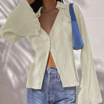 Women's Deep V Neck Shirt Button Front Blouse Bell Long Sleeve Tops - Nadorine (Us Only)