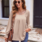 Nadorine Long Sleeve Shirts Square Neck Pleated Tunic Tops