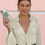 Women's Deep V Neck Shirt Button Front Blouse Bell Long Sleeve Tops - Nadorine (Us Only)