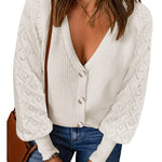 Lantern Sleeve Button Down Cable Knit Sweate - Nadorine (Us Only)
