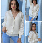 Lantern Sleeve Button Down Cable Knit Sweate - Nadorine (Us Only)