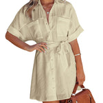 Women's Shirt Dress Button Down V Neck Blouse Short Roll-up Sleeve Tunic Tops with Pockets - Nadorine (Us Only)