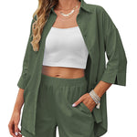 Linen Shirt Elastic Waist Casual Shorts Set - Nadorine (Us Only)
