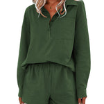 Womens 2 Piece Outfits Lounge Sets Cotton Linen Long Sleeve V-Neck Shirt and Mini Shorts With Pockets - Nadorine (Us Only)
