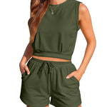 Womens Summer 2 Piece Outfits Sleeveless Round Neck Tops and High-waisted with Drawstring Casual Shorts Tracksuit Sets - Nadorine (Us Only)