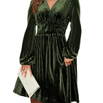Nadorine Velvet Dress V-Neck Long Sleeve Stretch Mini Dress
