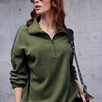 Women's Long Sleeve Sweatshirt Lapel Half Zip Pullover Drop Shoulder Fleece Pullover Tops S-3XL - Nadorine (Us Only)