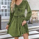 Nadorine Velvet Dress V-Neck Long Sleeve Stretch Mini Dress