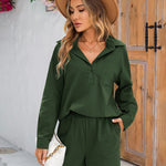 Womens 2 Piece Outfits Lounge Sets Cotton Linen Long Sleeve V-Neck Shirt and Mini Shorts With Pockets - Nadorine (Us Only)
