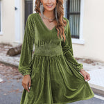 Nadorine Velvet Dress V-Neck Long Sleeve Stretch Mini Dress