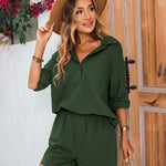 Womens 2 Piece Outfits Lounge Sets Cotton Linen Long Sleeve V-Neck Shirt and Mini Shorts With Pockets - Nadorine (Us Only)