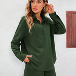 Womens 2 Piece Outfits Lounge Sets Cotton Linen Long Sleeve V-Neck Shirt and Mini Shorts With Pockets - Nadorine (Us Only)