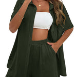 Women's 2 Piece Casual Tracksuit Outfit Sets Cotton Linen Short Sleeve Button Down Shirt and Loose Casual Shorts Set - Nadorine (Us Only)