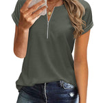 Women's Casual Rolled Short Sleeve Tops Half Zip Shirts Loose Waffle Knit T Shirts Blouse - Nadorine (Us Only)