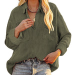Nadorine Women's Corduroy Tops for Women Lapel V Neck Shirts Long Sleeve Blouses Casual Sweatsuit with Pockets