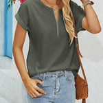 Women's Casual Rolled Short Sleeve Tops Half Zip Shirts Loose Waffle Knit T Shirts Blouse - Nadorine (Us Only)
