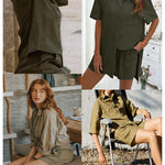 Women's 2 Piece Casual Tracksuit Outfit Sets Cotton Linen Short Sleeve Button Down Shirt and Loose Casual Shorts Set - Nadorine (Us Only)