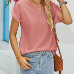 Women's Casual Rolled Short Sleeve Tops Half Zip Shirts Loose Waffle Knit T Shirts Blouse - Nadorine (Us Only)