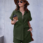 Women's 2 Piece Casual Tracksuit Outfit Sets Cotton Linen Short Sleeve Button Down Shirt and Loose Casual Shorts Set - Nadorine (Us Only)