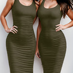 Nadorine Sexy Ruched Bodycon Dress for Women, Midi Stretchy Sleeveless Tank Top Casual Party Club Dresses S-3XL (Us Only)