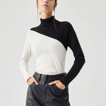 Asymmetric Patchwork Long Sleeve Mock Neck Knit Top