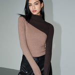 Asymmetric Patchwork Long Sleeve Mock Neck Knit Top
