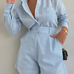 Cotton and Linen Long Sleeve Loose Shorts Set