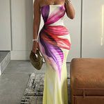 Women's Floral Print Strapless Maxi Dress Sexy Bodycon Mermaid Long Dress Elegant Evening Party Beach Sundress