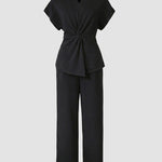 Women's 2 Piece Outfits V Neck Twist Front Slit Top and High Waisted Straight Leg Pants Set Commute Business Casual Suit