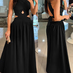 Halter Sleeveless Tied Detail Shirred Criss Cross Flared Dress Glamorous Evening Dress